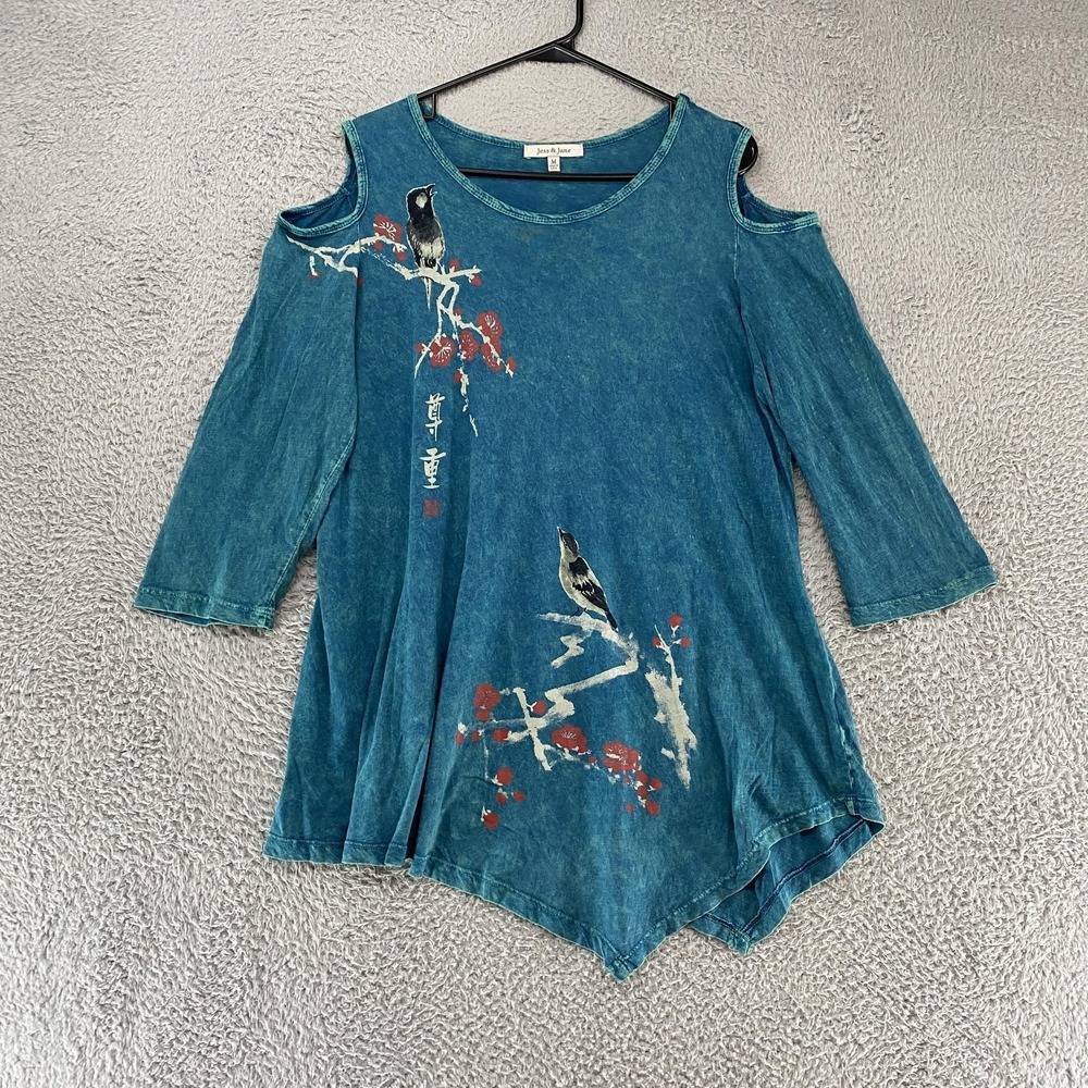 Jess & Jane Shirt Womens Medium Blue Cold Shoulder Tunic Bird Floral Art to Wear